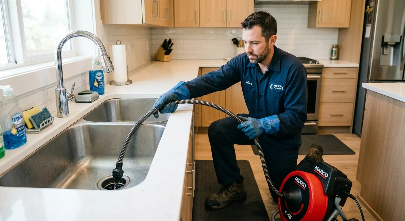 Drain cleaning technician using a motorized snake on a kitchen sink in Bernardsville