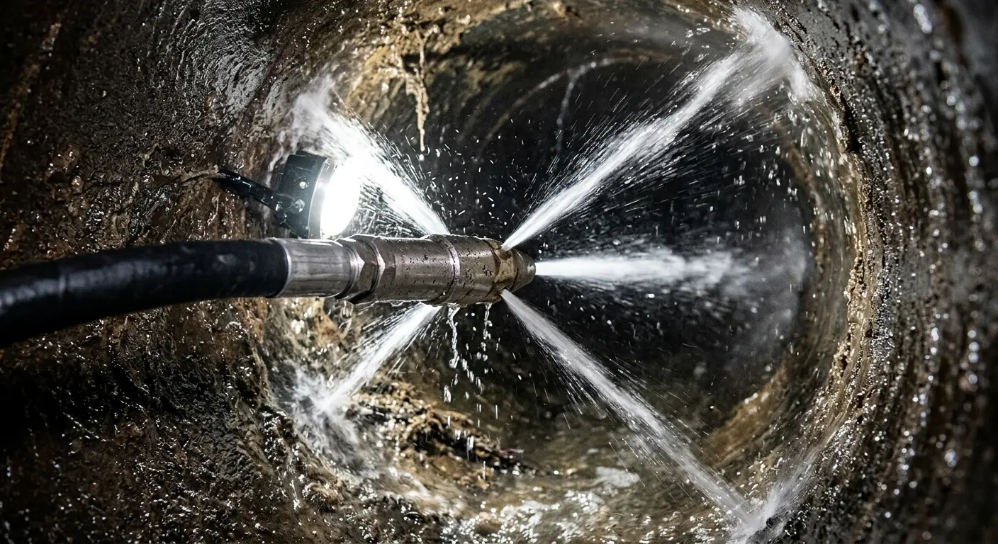 High-pressure hydro jetting nozzle cleaning sewer pipe for Trenchless Sewer Repair in Bernardsville