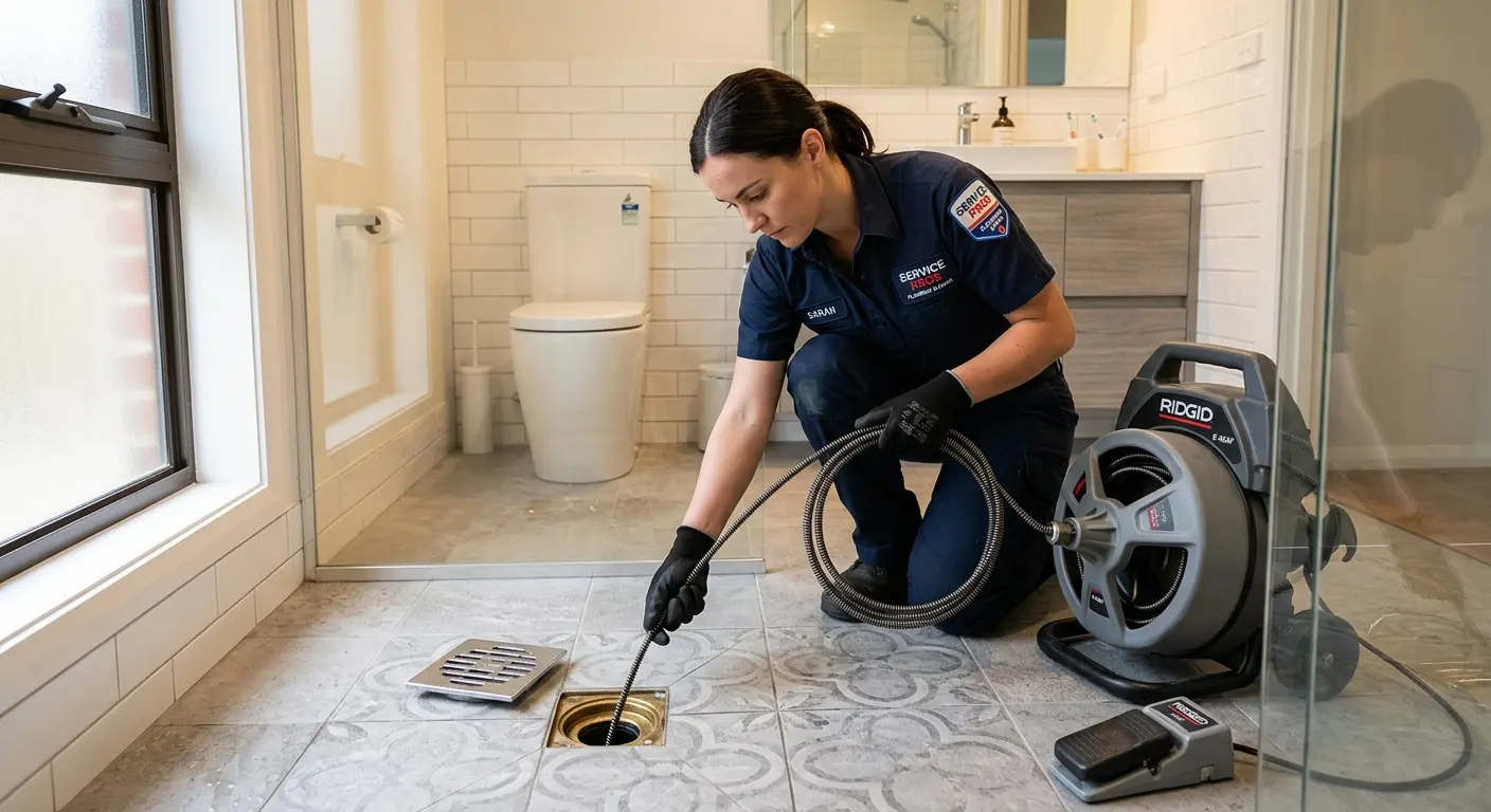 Technician clearing a bathroom floor drain for Hydro Jetting in Bernardsville